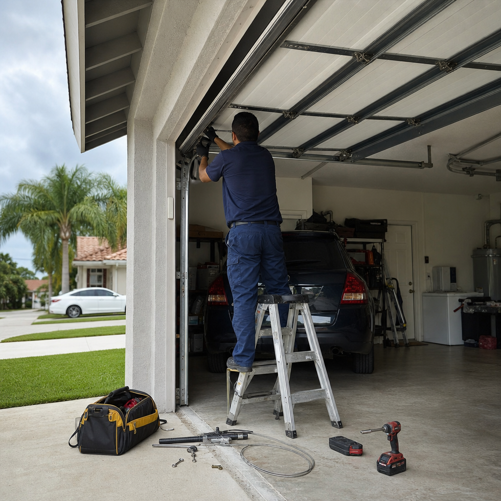 Technician performing emergency garage door repair services on residential overhead door.