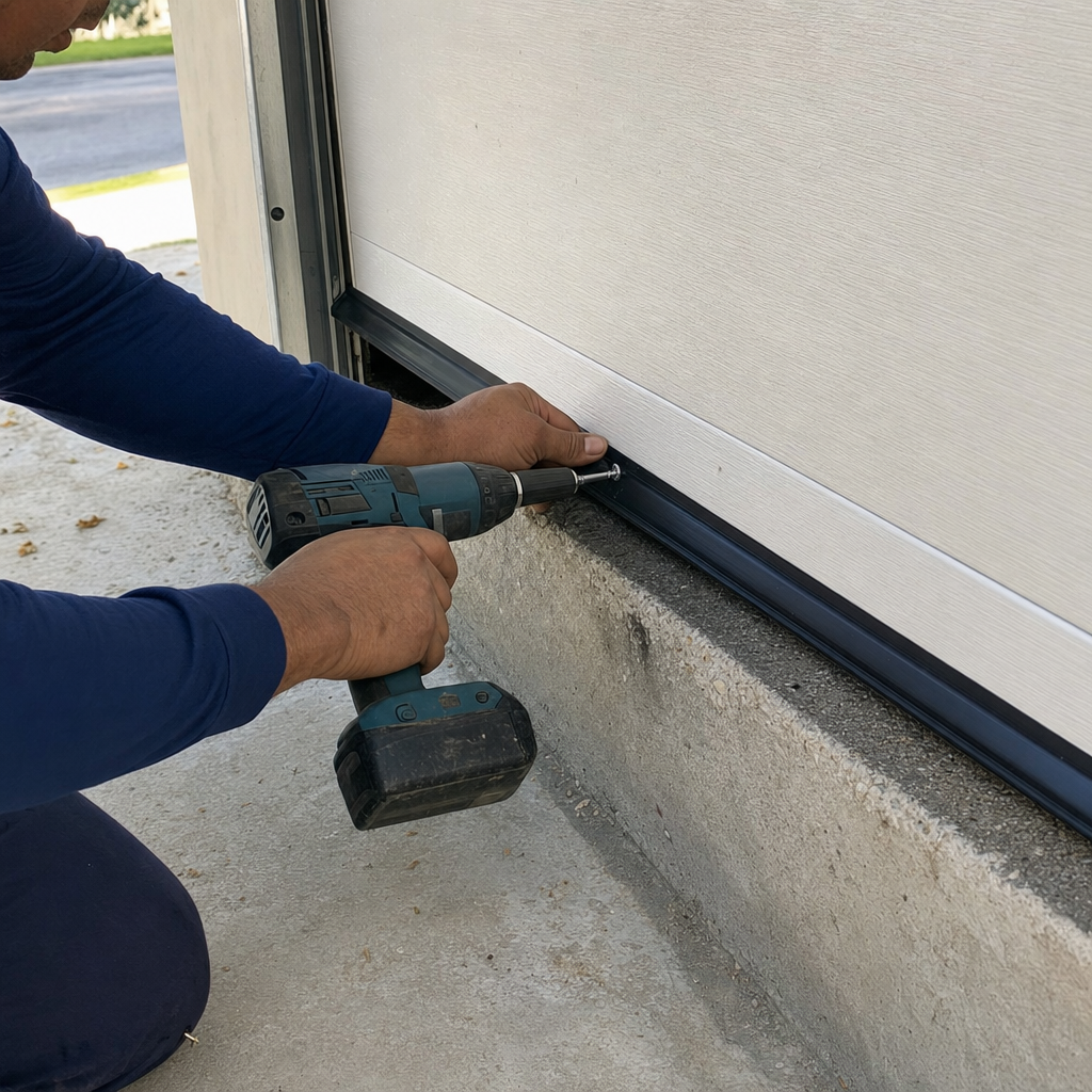 Technician using a drill to install garage door bottom weather seal