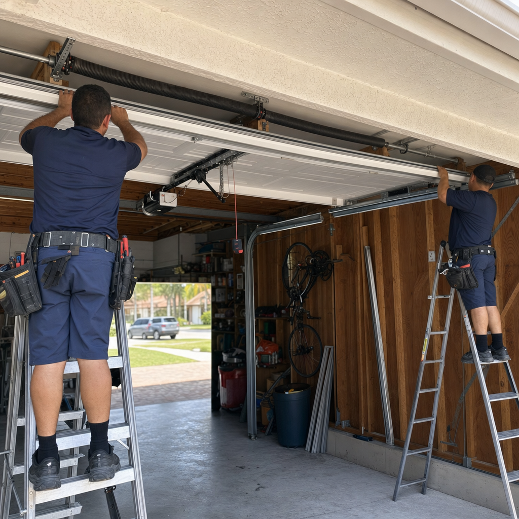 Two technicians installing a new residential garage door