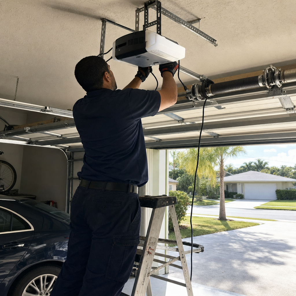 Professional technician installing a residential garage door opener system
