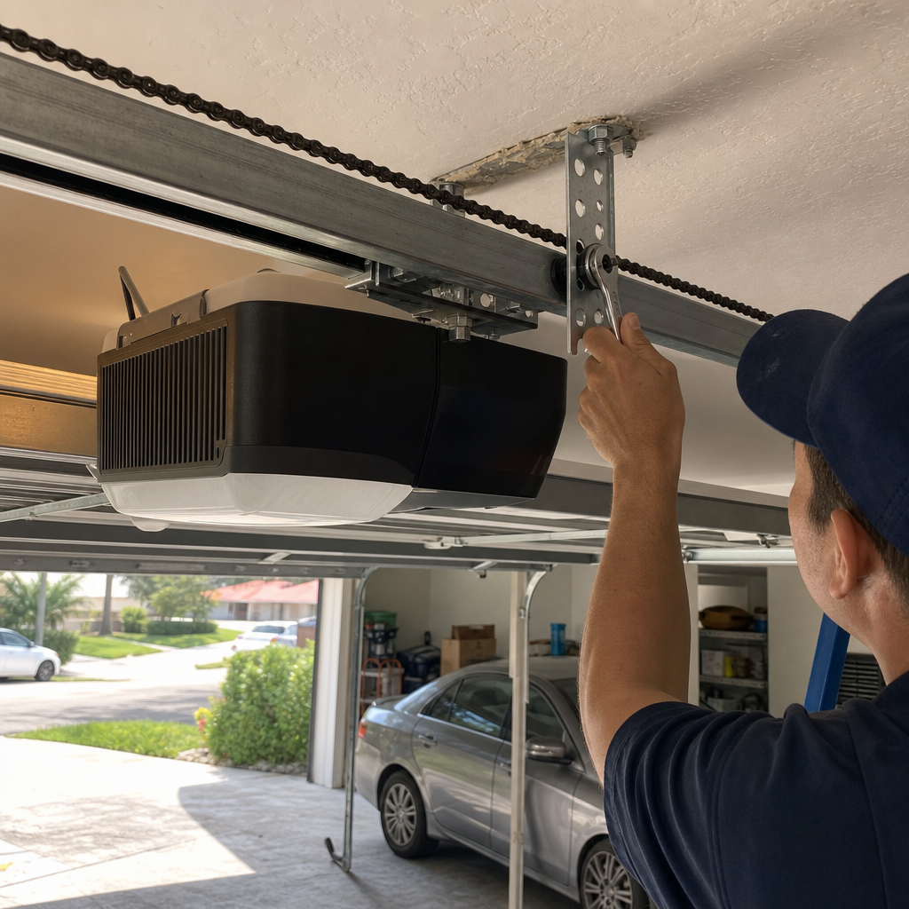 Technician performing maintenance on a residential garage door opener motor