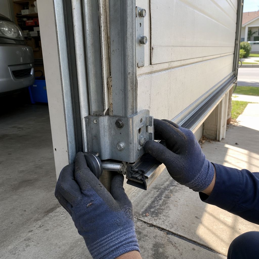 Technician performing professional garage door parts maintenance and repair