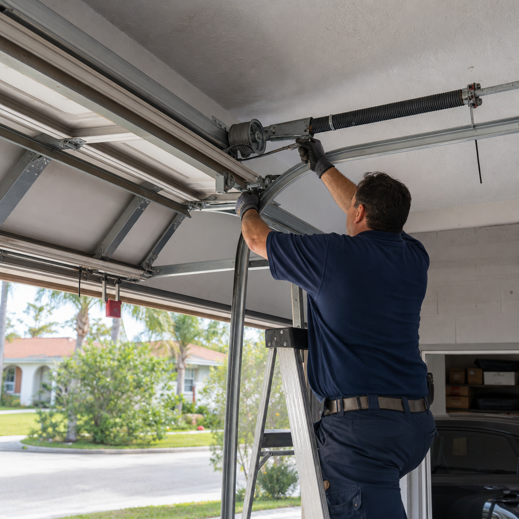 Technician performing professional garage door spring repair and maintenance
