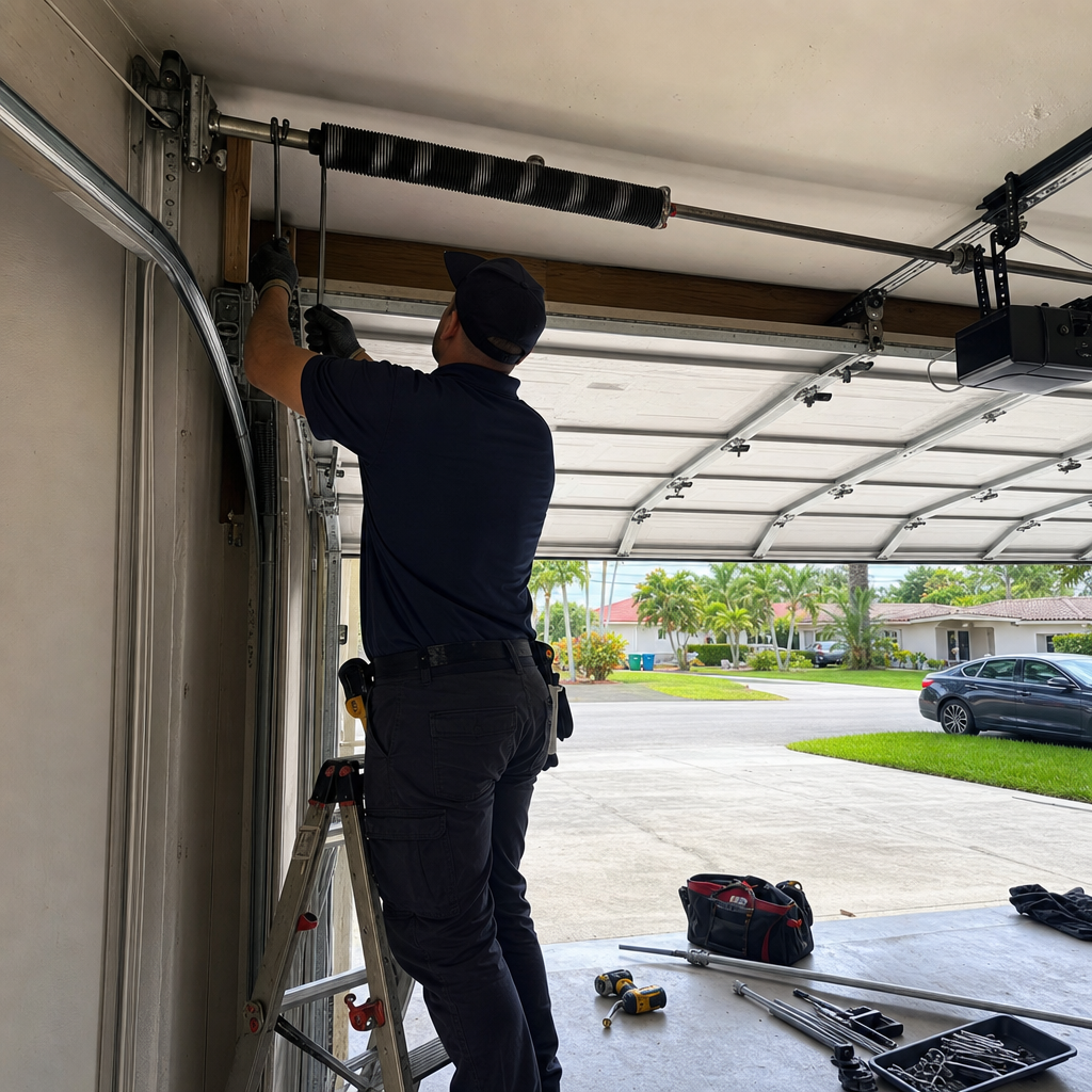 Technician performing professional garage door spring repair and maintenance