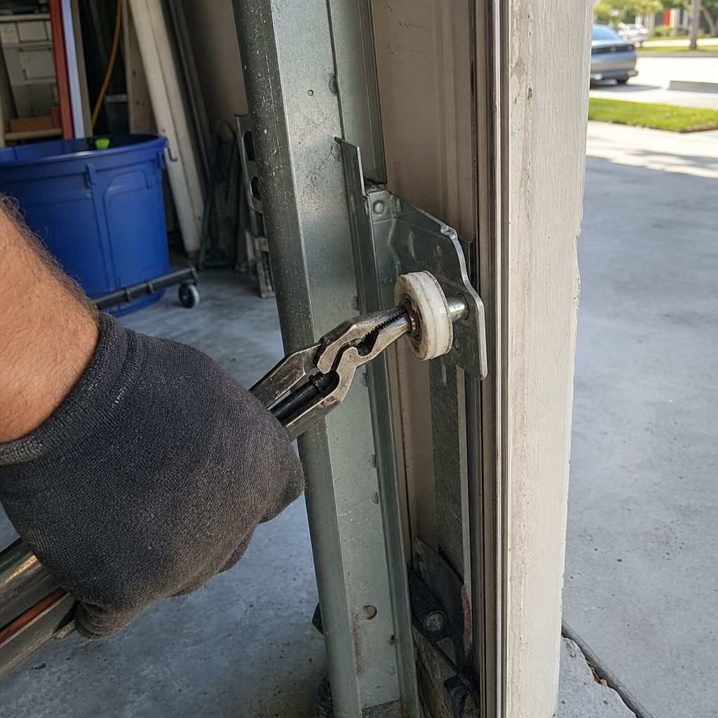 Technician repairing garage door roller and track assembly