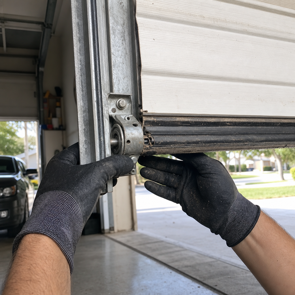 Technician performing emergency garage door repair on residential track in Florida, FL