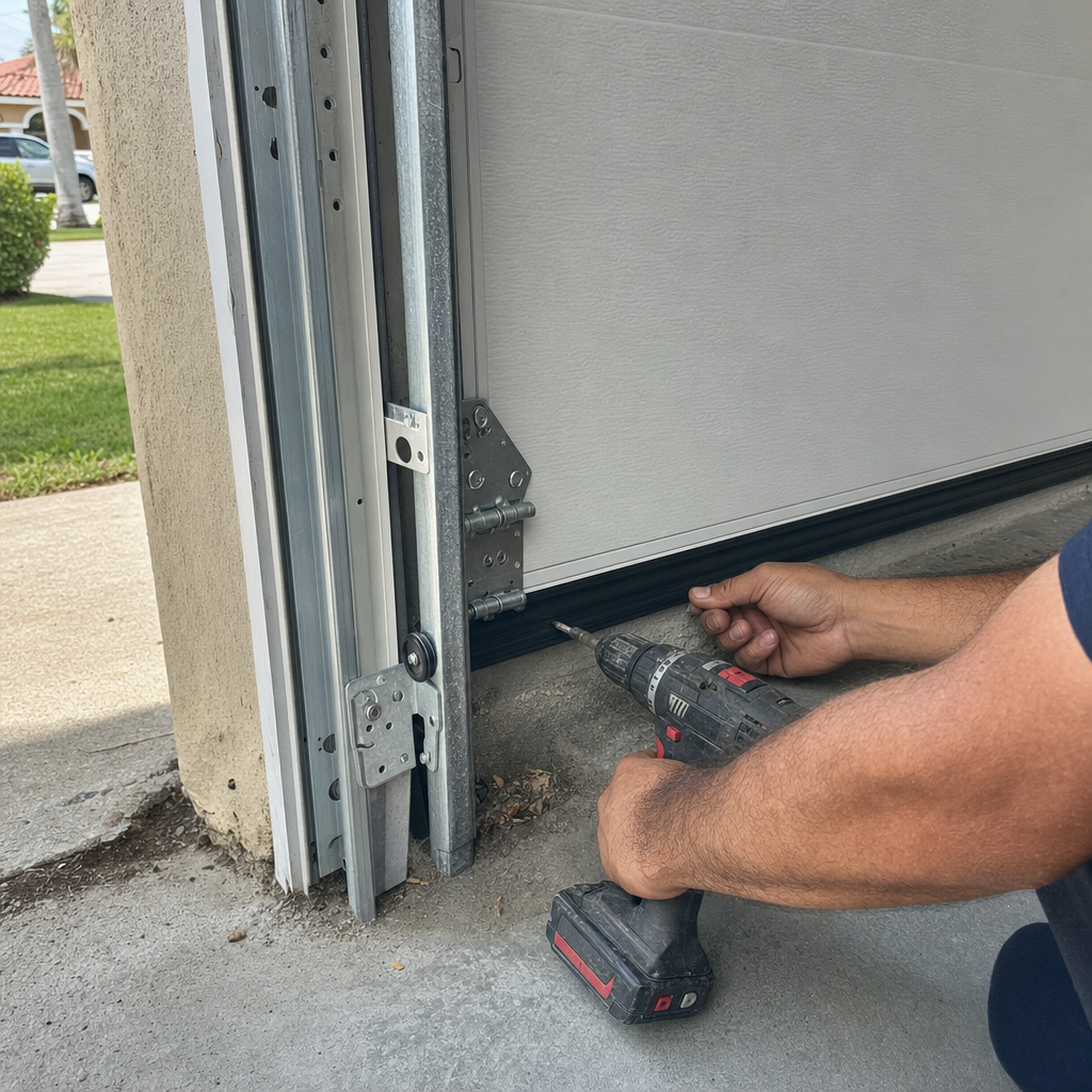 Technician installing a garage door weather seal with a drill