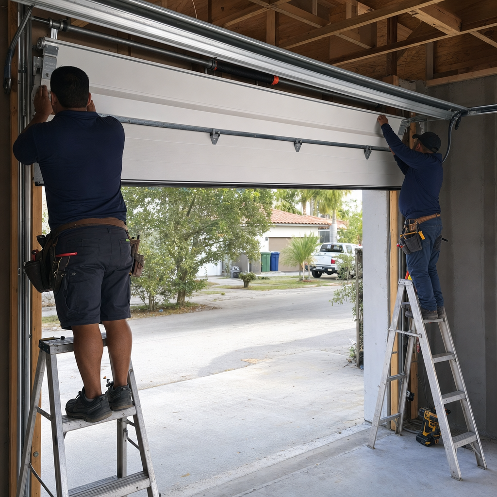 Two technicians professionally installing a new white garage door on ladders