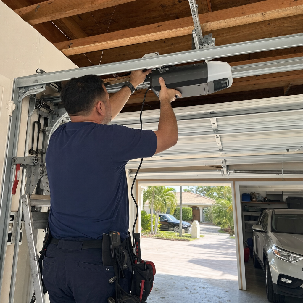 Professional technician installing a new residential garage door opener system
