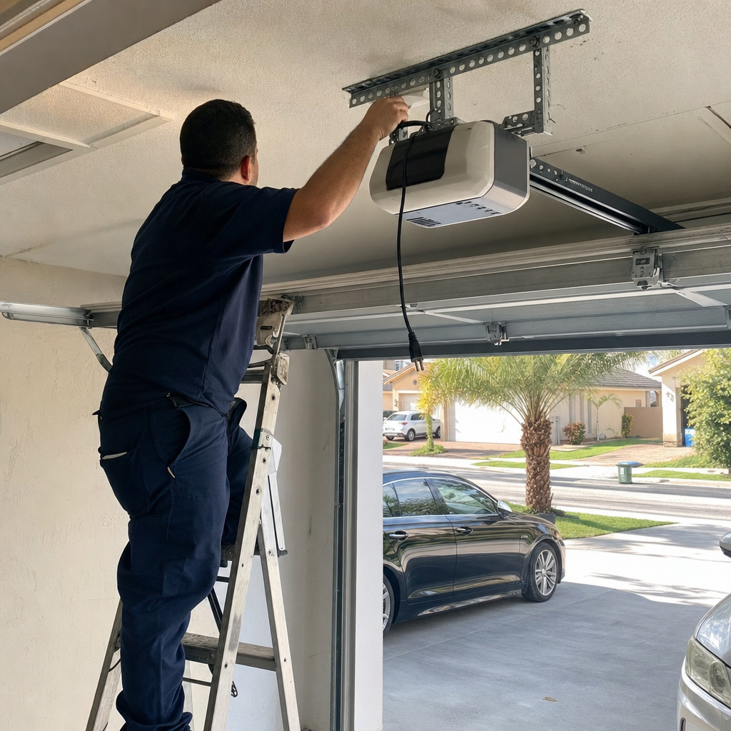 Technician performing professional garage door opener repair service