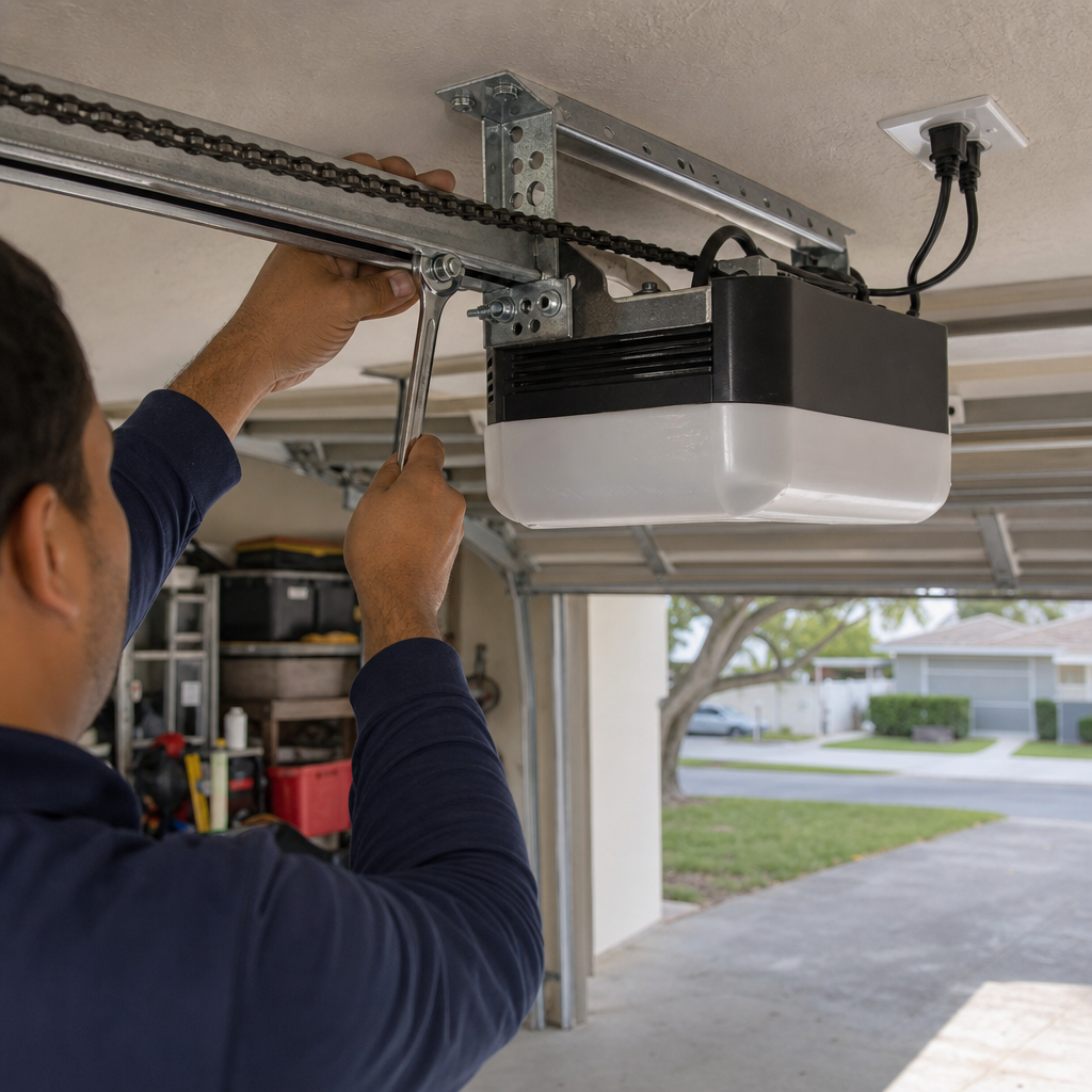Technician performing professional garage door opener maintenance and repair service
