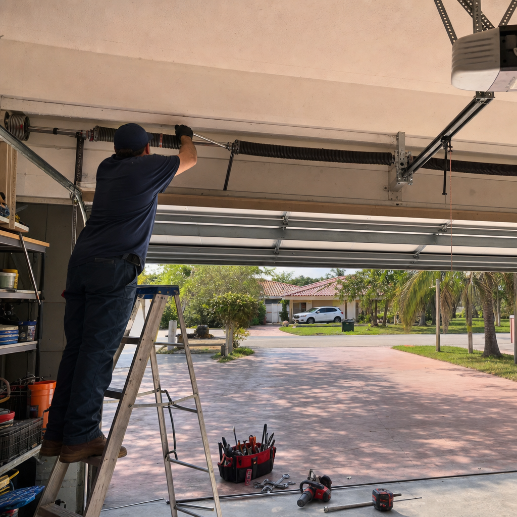 Technician performing professional garage door spring repair and maintenance