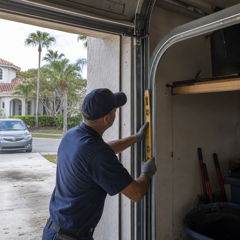Technician using a level to repair a garage door track