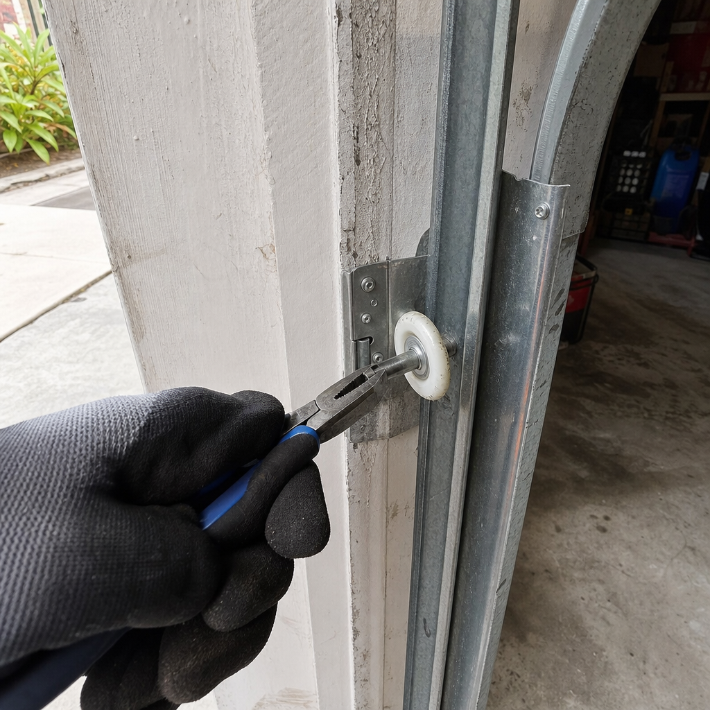 Technician repairing garage door roller with pliers